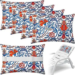 Lineshading 4 Pcs Chaise Lounge Pillow with Strap Outdoor Waterproof Pool Chair Neck Headrest Pillows with Adjustable Elastic Band for Beach Patio Chair Recliner(Orange Blue,Paisley)