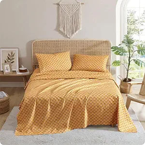 Indigo Ink Queen Size 4-Piece Sheet Set - Fitted & Flat Sheets & Pillowcases, Medium Weight, Soft, Breathable, Durable, & Wrinkle Resistant, Deep Pocket Sheets, Canary Garden Collection, Ocher
