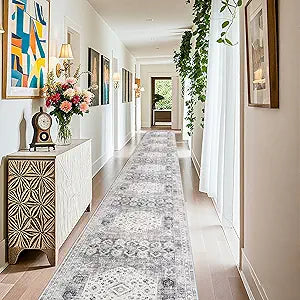 Washable 3x25 Hallway Runner Rug - Extra Long Vintage Non Slip Stain Resistant Rugs for Entryway Hall Kitchen Indoor Soft Living Room Bedroom Carpet Durable Low Pile Home Decor Floor Mat 3'x25' Grey