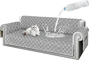 ALIECOM 100% Waterproof Couch Cover for 3 Cushion Couch Sofa Pet Friendly Sofa Covers Washable Printed Non Slip Furniture Protector Slipcovers with Pockets for Dogs (Floral Gray & Ivory, Large)