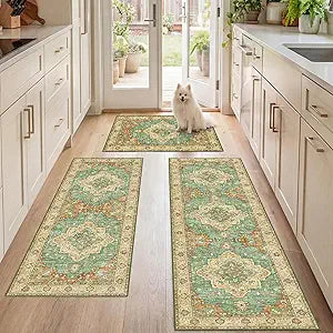 Kitchen Rugs Sets 3 Piece with Runner, Washable Non Slip Soft Boho Kitchen Mats, Low Pile Stain Resistant Carpet for Hallway, Laundry Room (20"x32"+20"x48"+20"x59", Brick Brown Green)