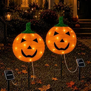 2Pack Solar Halloween Pumpkin Stake Light with 8 Lighting Modes, Fabric Lantern Yard Decor with Metal Stand, Foldable Pumpkin Garden Lights for Lawn, Patio, Pathway, and Halloween Party Decorations