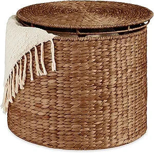 Best Choice Products Large Round Storage Ottoman W/Lid, Handwoven Water Hyacinth Footstool, Accent Stool, Side Table, Storage Container, Plant Stand For Living Room, Office, or Bedroom - Chestnut