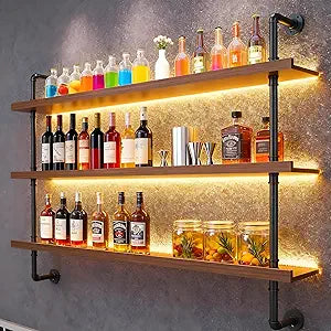 47.2" Modern Wine Rack Wall Mounted with LED Lights, 3-Tiers Industrial Pipe Liquor Floating Shelves, Rustic Metal Wall Wine Rack for Home, Restaurant, Commercial Bar, Kitchen Storage Display
