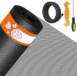 MAGZO Pet Proof Window&Door Screen Replacement Kit, 48" W x 99" L, Best Vinyl Coated Polyester Mesh Dog Cat Resistant Heavy Duty, 32FT Retainer Spline&Spline Removal Hook&Press-Fit Roller Tool, Black