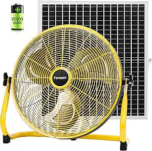 Fanspex 18" Solar Rechargeable Floor Fan for Outdoor, 22500 mAh Battery Operated Fan with 35W Solar Panel Powered for Patio Gazebo Camping, 360┬░ Tilt (19.1 ft/s Airflow)