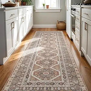 3x8 Runner Rug Kitchen Washable: Oriental Indoor Hallway Runners with Non Slip Backing Floor Mat for Entryway Door Low Pile Thin Carpet for Bedroom Bathroom Living Room Bedside Brick