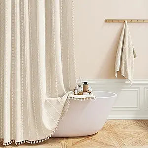 BTTN Extra Long Shower Curtain - 72x84 Long Boho Chic Striped Tassel Linen Fabric Shower Curtain Set with Hooks, Tall Modern Farmhouse Cute Heavy Duty Cloth Shower Curtains for Bathroom - Cream/Beige
