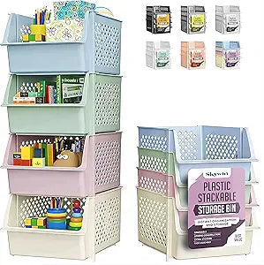 TidyFriend 4 Pack Stackable Storage Bins Open Front for Pantry Organizers and Storage, Pantry Storage for Food, Kitchen and Home Organization, Plastic Storage Bins, Dorm Room Essentials (Multi)