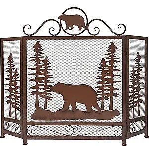 Bear in Forest Metal Fireplace Screen Lodge Cabin Mountain Style Home Decoration in Dark Brown
