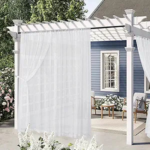 RYB HOME Outdoor Sheer Curtains for Porch, Privacy Added 2 Layer Design Light Filtering Waterproof Curtains for Patio Yard Pergola Balcony, W 100 x L 120 inches, White, 2 Panels Set