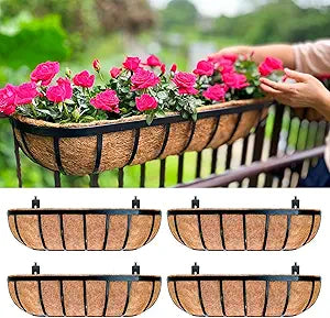 LaLaGreen Railing Planter Box (24 Inch, 4 Pack) Black Metal Rectangular Hanging Planters with Coco Liner, Flower Boxes Brackets for Deck Railings Outdoor Plants Over Rail Fence Balcony Patio Porch