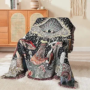 Boho Throw Blanket Reversible Cotton Bohemian Tapestry Hippie Room Decor Outdoor Blanket Double Sided (Mushroom 50"x60")