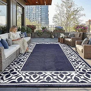 PureCozy Outdoor Plastic Straw Rug Navy Blue Large Outside Waterproof Outdoor Patio 10x14 Carpet Geometric Reversible Mat Modern for Camping RV Porch Deck Balcony Beach