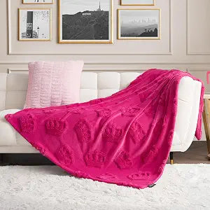 Juicy Couture Faux Fur 50"x70" Throw Blanket, Hot Pink Crowns