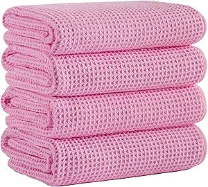 Microfiber Waffle Bath Towels, 4 Pieces, Soft, Absorbent, Fast Drying, Lint Free 430 GSM (Pink)