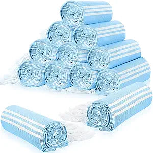 Irenare 12 Pack Turkish Beach Towel Bulk 71x36 Inches Cotton Turkish Bath Oversized Sand Free Quick Dry Blanket Towels for Beach Pool Bathroom(Sky Blue)