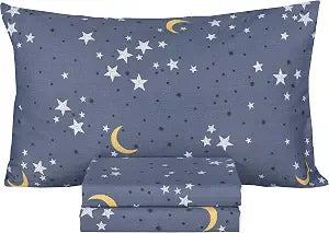 Scientific Sleep Moon & Stars Boys Girls 100% Cotton 3 Pcs Twin Bed Sheet Set Kids Toddler Teen, Flat Sheet & Fitted Sheet & Pillowcase Kids Bedding Set