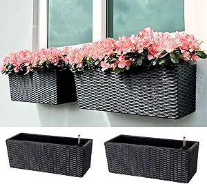 LaLaGreen Outdoor Wall Planters (20 Inch, 2 Pack) Wall Mounted Self Watering System Window Flower Boxes with Bracket, Black Rectangular Plant Pot Container Indoor Modern Garden Herb Kitchen Home Decor