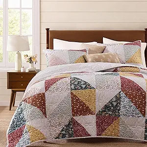 BLOOMHAVEN Quilt Set Queen Size, Patchwork Burnt Orange Floral Quilt Sets, Reversible Bedspread Lightweight and Breathable for All Seasons, Soft Quilted Bedspread with 2 Pillow Shams