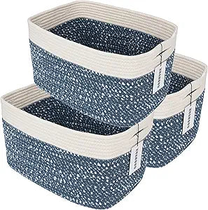 XUANGUO White and Blue Cotton Rope storage Basket Bins Woven Basket for Organizing Shelves 15X10X9.3 Rectangle Decorative Baskets For storage Books Towels Wicker Nursery basket organizer Set of 3