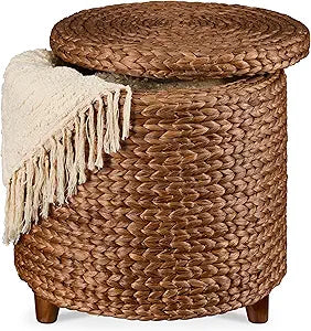 Best Choice Products 17" Round Storage Ottoman W/Lid, Handwoven Water Hyacinth Footstool, Footrest w/Wooden Legs, Accent Side Table, Storage Container, Plant Stand - Chestnut