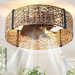 Ganeed 20" Boho Fandelier Ceiling Fan with Light, Rattan Caged Ceiling Fan with Light and Remote Control, Quiet Reversible Motor Enclosed Low Profile 6 Speeds for Bedroom Living Room Porch Kids Room