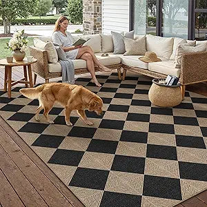 PureCozy 5x8 Checkered Easy Jute Area Rug for Living Room Checkerboard Washable Indoor Outdoor Carpet Farmhouse Patio Office Mat Textured Diamond Non Slip Black Carpet for Backyard Dining Room