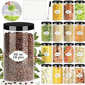 PeacePeo Plastic Jars with Lids, 16 Pcs 32 OZ Large Plastic Storage Jars with Black Leakproof Lids Cylinder Plastic Storage Container Jar Reusable Clear Empty Jars for Home and Kitchen Organizing