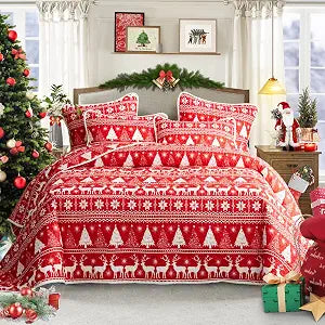 Christmas Quilt Set 3 Pieces Queen, Red White Snowflake and Deers Trees Reversible Bedspread Coverlet Set, Soft Microfiber Lightweight Bed Cover for All Season (90" x 90", 1 Quilt+ 2 Pillow Shams)