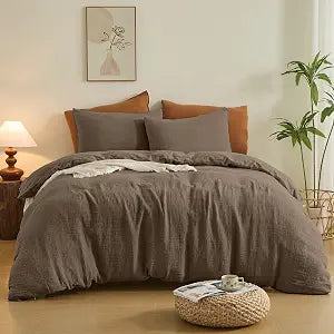 Simple&Opulence Linen Muslin Duvet Cover Set Queen Size, 3Pcs Brown Linen Cotton 3-Layer Gauze Minimalist Comforter Cover 88x92, Ultra Soft Breathable Seersucker Bedding Set with 2 Pillowcases