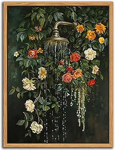 Floating Framed Floral Shower Wall Art, Vintage Botanical Flower Canvas Print, Romantic Garden Roses and Waterfall Painting, Nature Inspired Bathroom Wall Decor for Home Living Room 16x24 inch