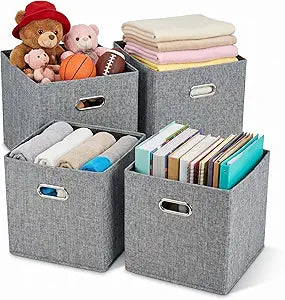 12x12 Gray Fabric Storage Cubes, 4 Pack  Foldable Linen-Look Cube Organizer Bins with Handles, Collapsible Cubby Baskets for Closet, Shelves, Nursery, Dorm Room & Kallax-Style Storage