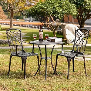 3 Piece Bistro Patio Set Cast Alumiunm Patio Furniture Set,All Weather Bistro Table and Chairs Set of 2 with 1.97" Umbrella Hole,Outdoor Patio Bistro Sets for GardenAntique Bronze