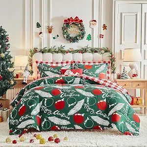 Christmas 7 Pieces Queen Comforter Sheet Set Bed in a Bag Holiday New Year Style - Green with White Leaves n Red Balloon - Red Plaid Gingham Bedding Set with Comforters, Sheets, Pillowcases & Shams