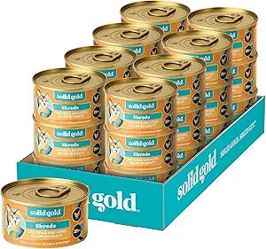Solid Gold Wet Cat Food Shreds in Gravy - Healthy Canned Cat Food Made w/Real Chicken & Mackerel Shreds, Vitamins & Minerals - Grain Free & Gluten Free Canned Meals for Cats & Kittens - 24ct/3oz Can