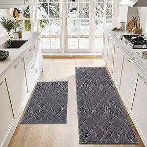 COSY HOMEER Soft Kitchen Rugs [2 PCS] for in Front of Sink Super Absorbent Kitchen Floor Mats and Mats 24x35 Inch/24X60 Non-Skid Kitchen Mat Standing Mat Washable,Polyester,Dark Grey