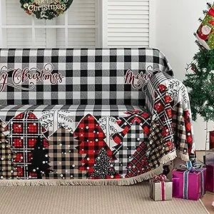 Sofa Covers Christmas New Year Tassels Designe Washable for Sectional Couch 3 Cushion Living Room (Plaid, 71"x118")