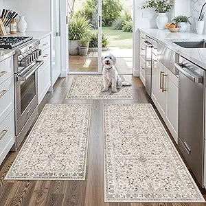 3-Piece Kitchen Rug Set of 3 with Runner  Non-Slip Washable Boho Kitchen Mats for Sink, Floor, Entryway & Hallway & Bathroom  Soft Small Throw Area Rugs, Home Decor (Beige,2x3+2x4+2x5)