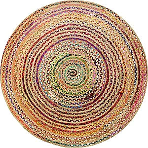 COTTON CRAFT Jute Chindi Braid Rag Rug - Boho Farmhouse Rustic Area Accent Throw Rug - Handwoven Reversible Natural Recycled Cotton - Living Room Den Study Home Dcor Gift - 4 Feet Round - Multi Color