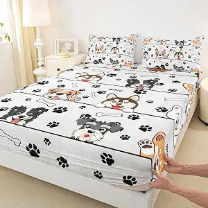 Cute Dog Pet Animals Full Size Fitted Sheet,Paw Print White 3 Pieces Kids Teenager Room Decor Cartoon Puppy Pocket 2 Pillowcases No Flat Sheet