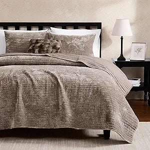 WDCOZY Velvet California Oversized Cal King Size Quilt Set - Brown Taupe Tan Camel Striped Pick Stitch Soft Lightweight Bedspread, Channel Farmhouse Country Coverlet, Warm Thin Comforter, 3 Pieces
