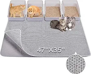 BurgeonNest Cat Litter Mat 47" x 35" Upgraded Felt & Fabric Material Cat Trapping Mat for Fewer Creases, Extra Large Hold 3-4 Litter Boxes Urine-Proof Non Slip, Machine Washable, Soft on Paws, Grey