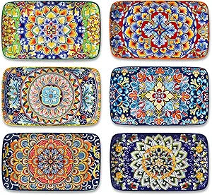vancasso Simi 6-Piece Rectangular Ceramic Plates Set, 8.5" x 5.1" Small Dessert & Sushi Plates, Bohemian Appetizer Serving Plates, Microwave & Oven Safe Porcelain Plates