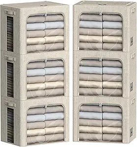 FHSQX 6 Pack Clothes Storage Bins with Metal Frame Foldable Storage Bins for Clothes Linen Fabric Storage Box with Clear Window (Beige, 15.7x11.8x11.8inch(36L))