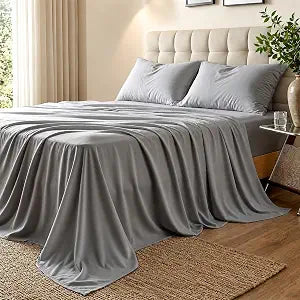 100% Viscose from Bamboo Sheets Queen Size, Cooling & Anti-Pilling 4-Piece Bed Sheets Set for Hot Sleepers, 400TC Twill Weave, 16 Inch Deep Pocket, Soft Breathable, Gray