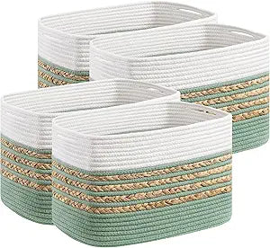 UBBCARE 4 Pack Baskets for Organizing, Woven Storage Baskets for Toys and Towel, Rectangle Cotton Rope Basket with Handles, 14''L x 8''W x9''H, Green