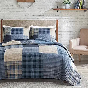 Woolrich Reversible Cotton Quilt Set - Cottage Styling Reversed to Solid Color, All Season Patchwork Lightweight Coverlet, Matching Shams, Winter Hills, Oversized Twin/Twin XL, Blue 2 Piece