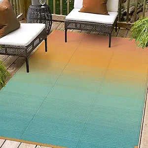 Lahome Outdoor Patio Rug Waterproof 6x9 Outside, Plastic Straw Rug Reversible Rv Mat,Large Porch Floor Carpets,Lightweight Portable Camping Carpet for Deck Balcony Tent, Blue-Orange 6x9