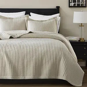 WDCOZY Beige Queen Size Quilt Set, Striped Pick Stitch Bedspread